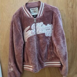 True Religion Pink Sherpa Varsity Jacket